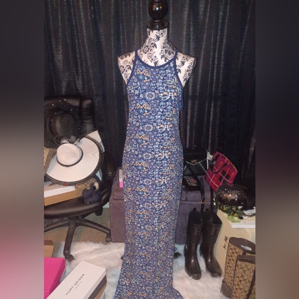 Blue Printed Halter Maxi Dress